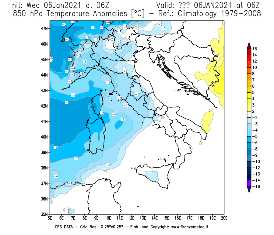 Mappa di analisi GFS - Anomalia Temperatura [°C] a 850 hPa in Italia
									del 06/01/2021 06 <!--googleoff: index-->UTC<!--googleon: index-->