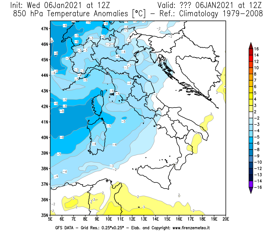 Mappa di analisi GFS - Anomalia Temperatura [°C] a 850 hPa in Italia
							del 06/01/2021 12 <!--googleoff: index-->UTC<!--googleon: index-->