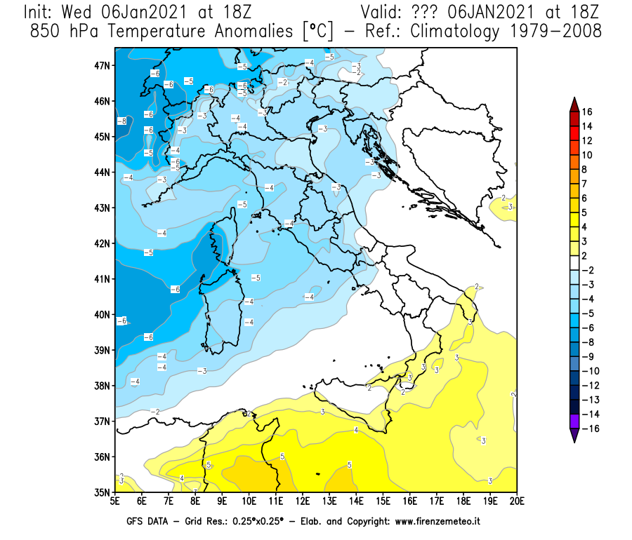 Mappa di analisi GFS - Anomalia Temperatura [°C] a 850 hPa in Italia
							del 06/01/2021 18 <!--googleoff: index-->UTC<!--googleon: index-->