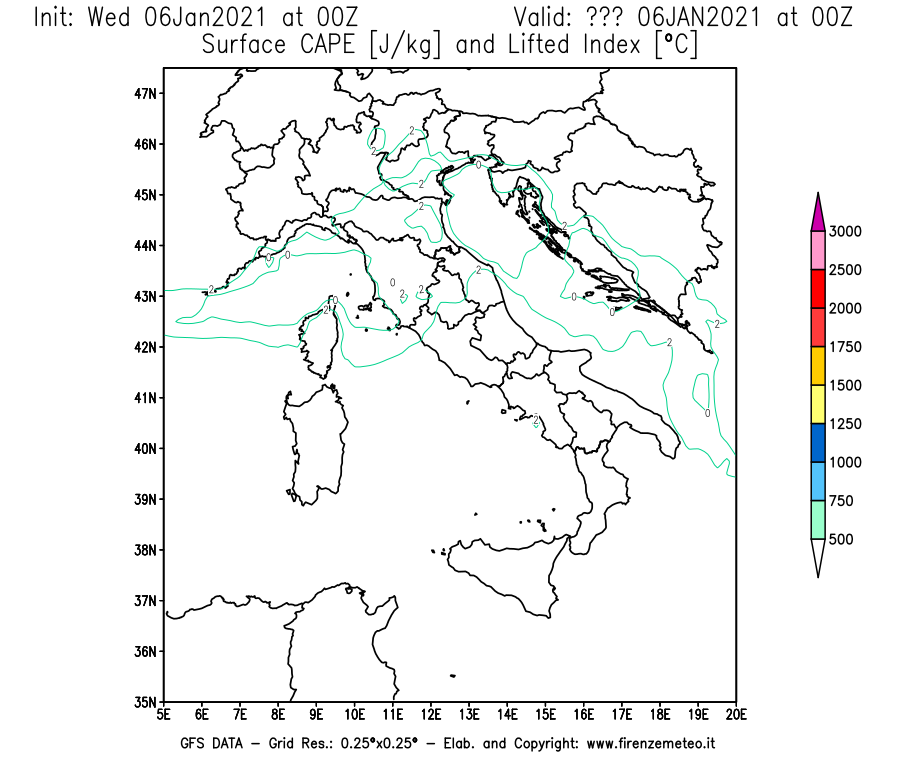 Mappa di analisi GFS - CAPE [J/kg] e Lifted Index [°C] in Italia
							del 06/01/2021 00 <!--googleoff: index-->UTC<!--googleon: index-->