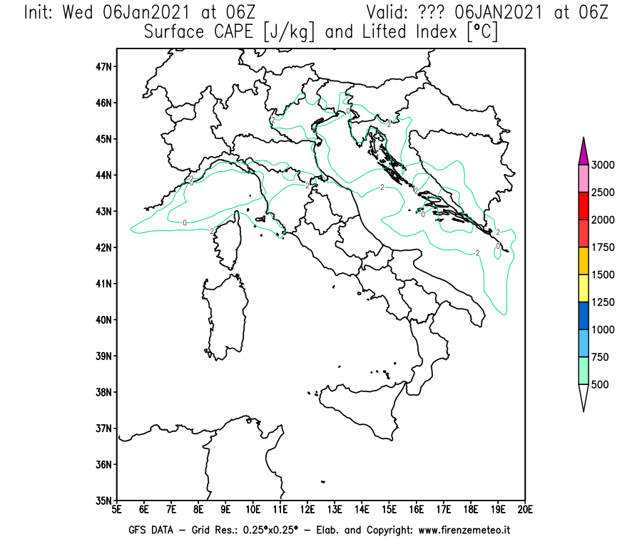 Mappa di analisi GFS - CAPE [J/kg] e Lifted Index [°C] in Italia
							del 06/01/2021 06 <!--googleoff: index-->UTC<!--googleon: index-->
