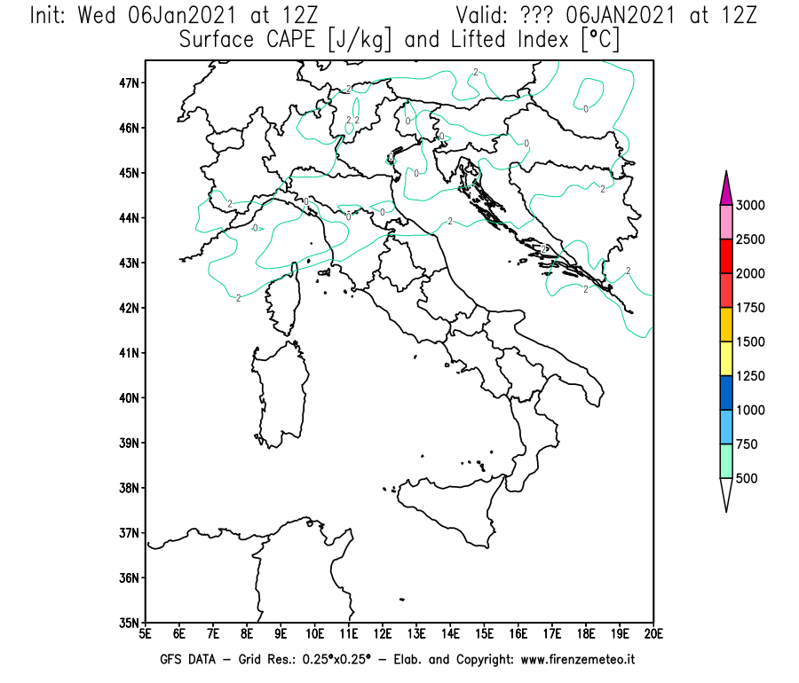 Mappa di analisi GFS - CAPE [J/kg] e Lifted Index [°C] in Italia
							del 06/01/2021 12 <!--googleoff: index-->UTC<!--googleon: index-->