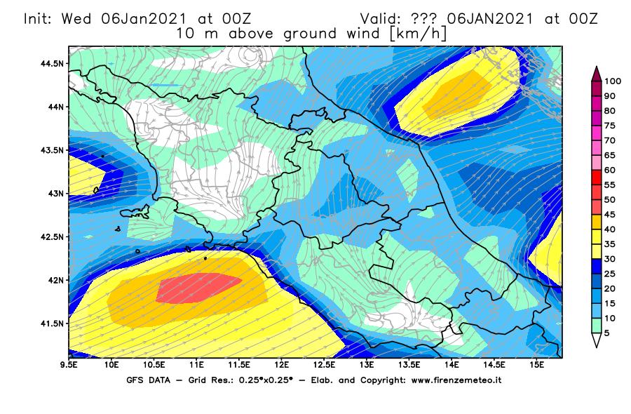 Mappa di analisi GFS - Velocità del vento a 10 metri dal suolo [km/h] in Centro-Italia
									del 06/01/2021 00 <!--googleoff: index-->UTC<!--googleon: index-->