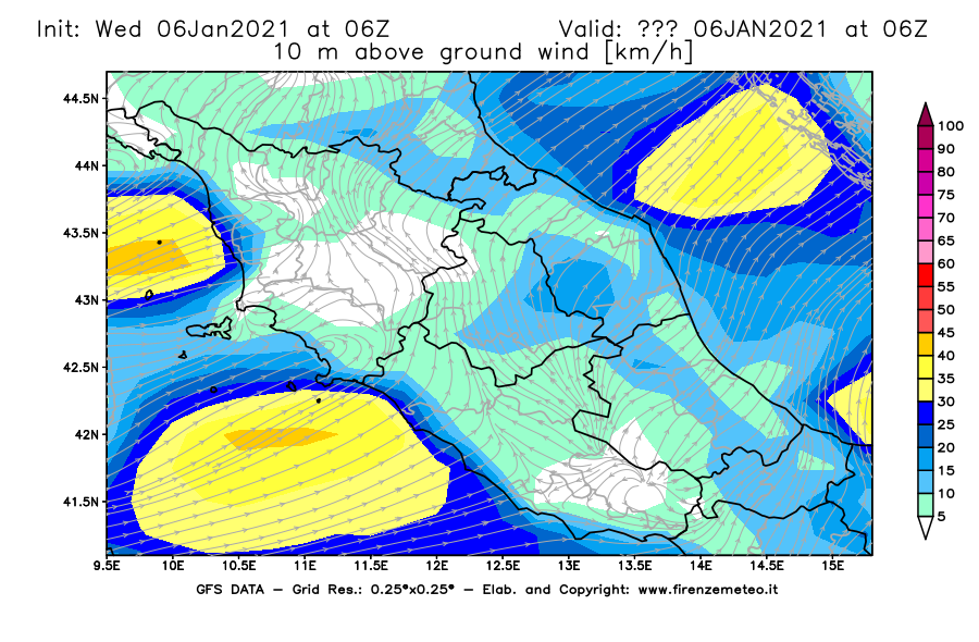 Mappa di analisi GFS - Velocità del vento a 10 metri dal suolo [km/h] in Centro-Italia
							del 06/01/2021 06 <!--googleoff: index-->UTC<!--googleon: index-->