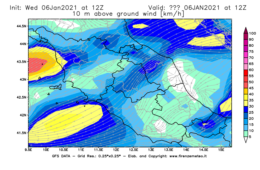 Mappa di analisi GFS - Velocità del vento a 10 metri dal suolo [km/h] in Centro-Italia
									del 06/01/2021 12 <!--googleoff: index-->UTC<!--googleon: index-->