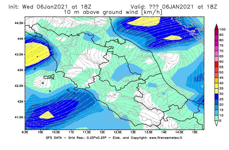 Mappa di analisi GFS - Velocità del vento a 10 metri dal suolo [km/h] in Centro-Italia
							del 06/01/2021 18 <!--googleoff: index-->UTC<!--googleon: index-->