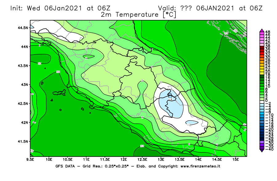 Mappa di analisi GFS - Temperatura a 2 metri dal suolo [°C] in Centro-Italia
							del 06/01/2021 06 <!--googleoff: index-->UTC<!--googleon: index-->