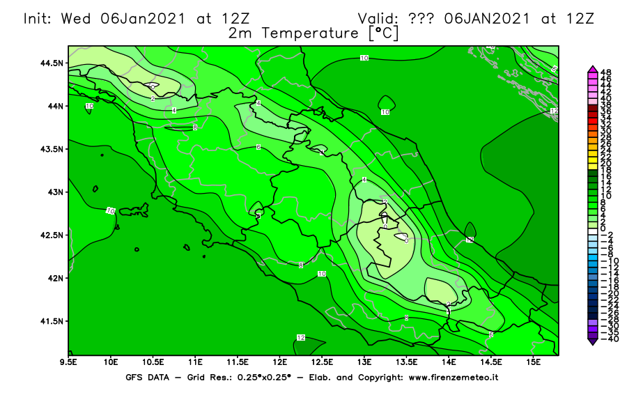 Mappa di analisi GFS - Temperatura a 2 metri dal suolo [°C] in Centro-Italia
							del 06/01/2021 12 <!--googleoff: index-->UTC<!--googleon: index-->
