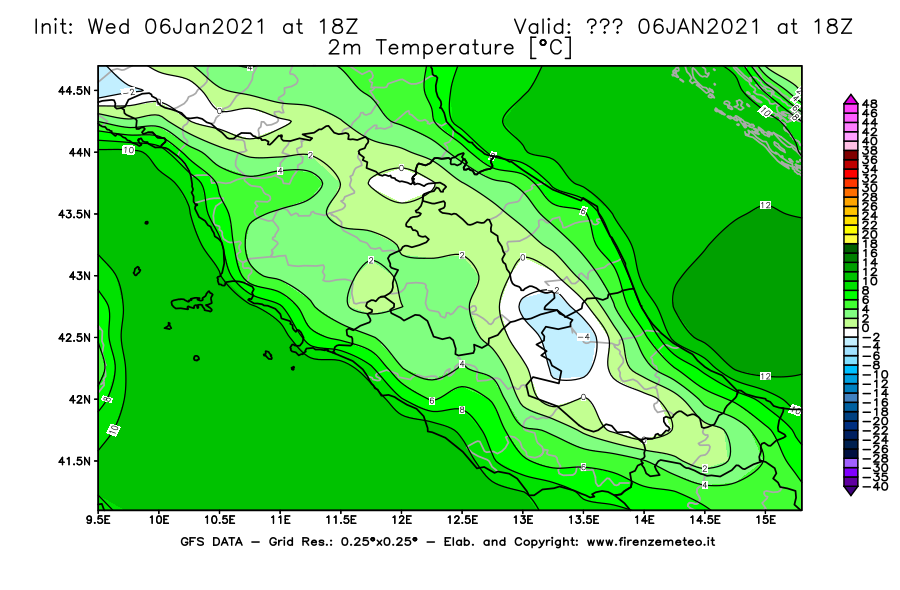 Mappa di analisi GFS - Temperatura a 2 metri dal suolo [°C] in Centro-Italia
									del 06/01/2021 18 <!--googleoff: index-->UTC<!--googleon: index-->