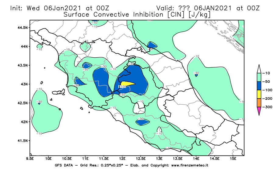 Mappa di analisi GFS - CIN [J/kg] in Centro-Italia
									del 06/01/2021 00 <!--googleoff: index-->UTC<!--googleon: index-->
