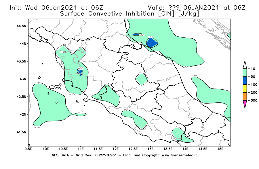 Mappa di analisi GFS - CIN [J/kg] in Centro-Italia
							del 06/01/2021 06 <!--googleoff: index-->UTC<!--googleon: index-->