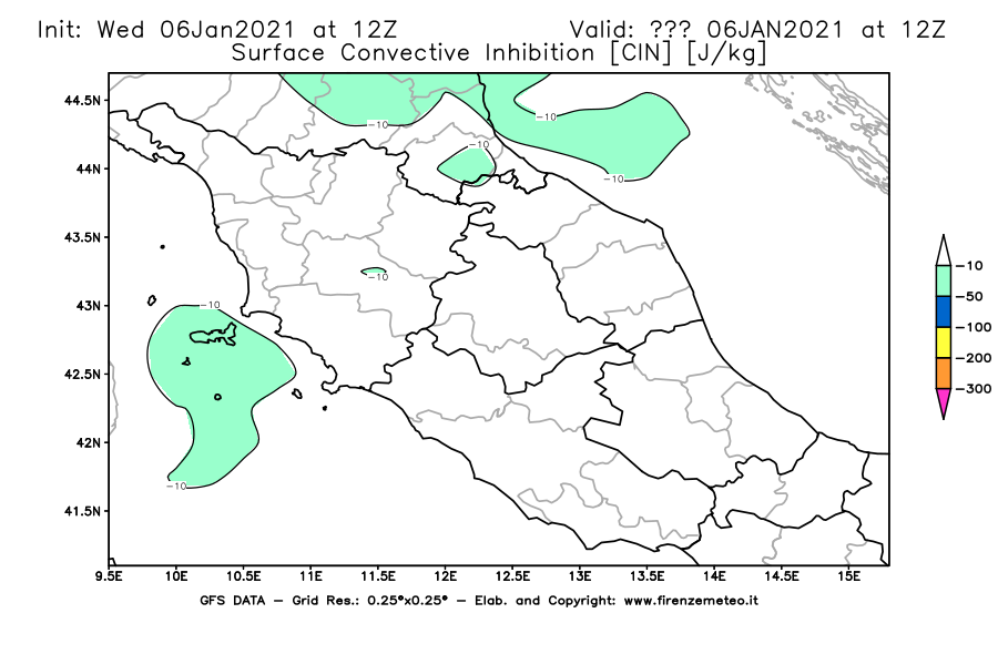 Mappa di analisi GFS - CIN [J/kg] in Centro-Italia
									del 06/01/2021 12 <!--googleoff: index-->UTC<!--googleon: index-->