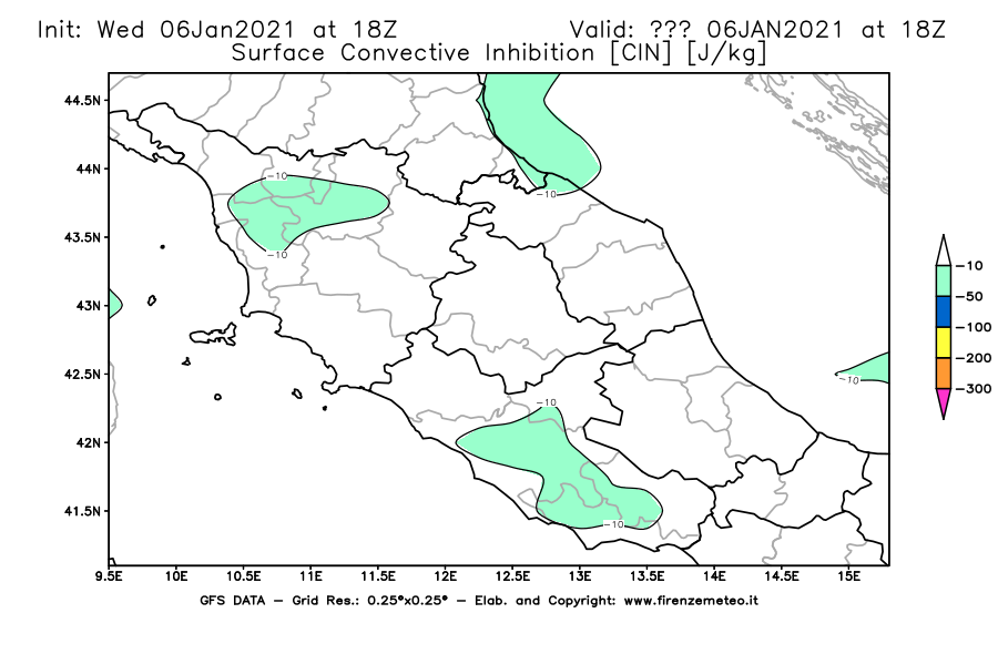 Mappa di analisi GFS - CIN [J/kg] in Centro-Italia
									del 06/01/2021 18 <!--googleoff: index-->UTC<!--googleon: index-->