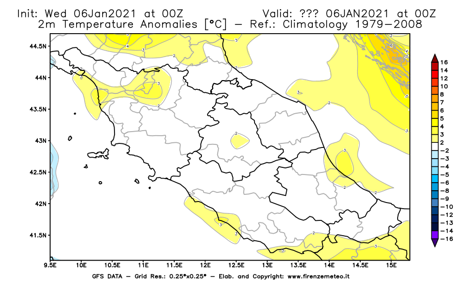 Mappa di analisi GFS - Anomalia Temperatura [°C] a 2 m in Centro-Italia
									del 06/01/2021 00 <!--googleoff: index-->UTC<!--googleon: index-->