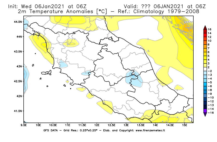 Mappa di analisi GFS - Anomalia Temperatura [°C] a 2 m in Centro-Italia
							del 06/01/2021 06 <!--googleoff: index-->UTC<!--googleon: index-->