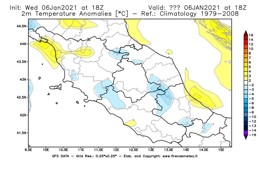 Mappa di analisi GFS - Anomalia Temperatura [°C] a 2 m in Centro-Italia
									del 06/01/2021 18 <!--googleoff: index-->UTC<!--googleon: index-->
