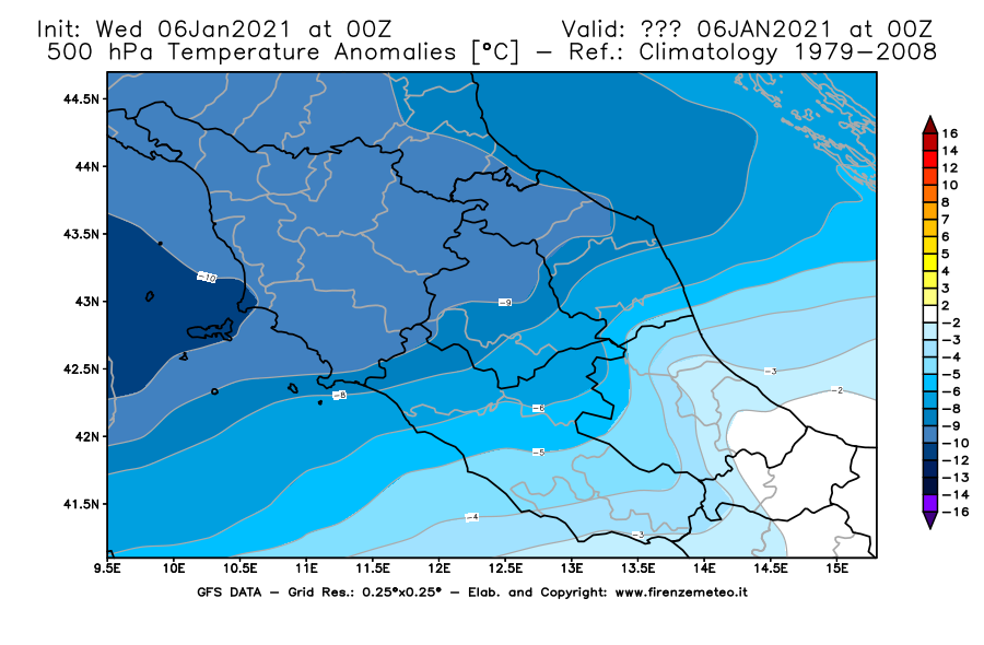 Mappa di analisi GFS - Anomalia Temperatura [°C] a 500 hPa in Centro-Italia
							del 06/01/2021 00 <!--googleoff: index-->UTC<!--googleon: index-->