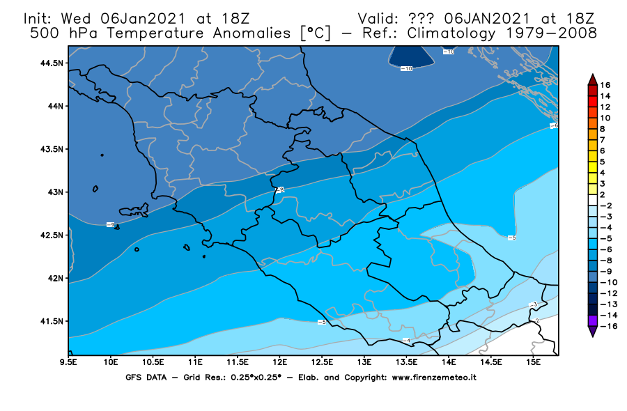 Mappa di analisi GFS - Anomalia Temperatura [°C] a 500 hPa in Centro-Italia
							del 06/01/2021 18 <!--googleoff: index-->UTC<!--googleon: index-->
