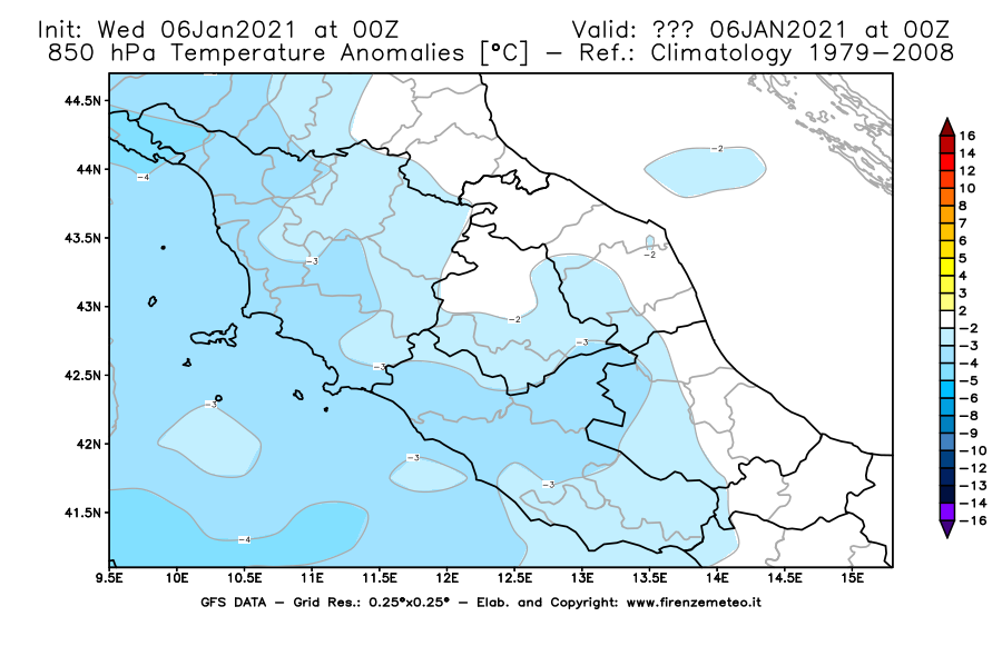 Mappa di analisi GFS - Anomalia Temperatura [°C] a 850 hPa in Centro-Italia
									del 06/01/2021 00 <!--googleoff: index-->UTC<!--googleon: index-->