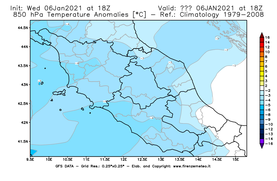Mappa di analisi GFS - Anomalia Temperatura [°C] a 850 hPa in Centro-Italia
							del 06/01/2021 18 <!--googleoff: index-->UTC<!--googleon: index-->