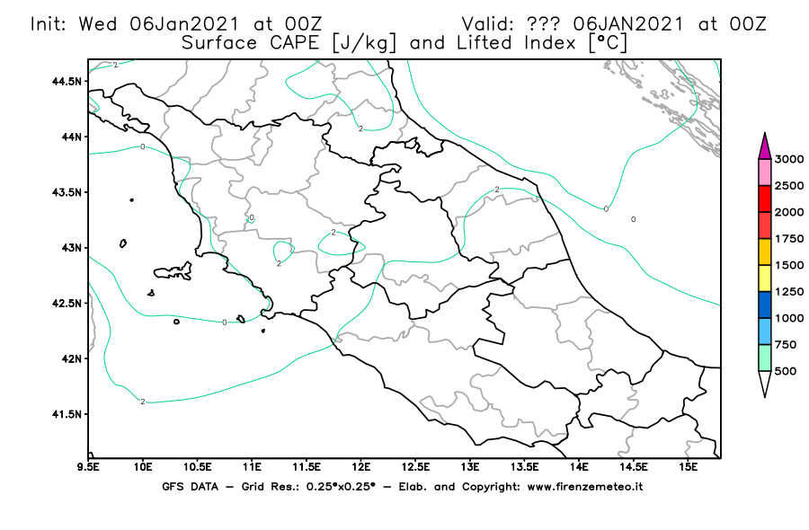 Mappa di analisi GFS - CAPE [J/kg] e Lifted Index [°C] in Centro-Italia
							del 06/01/2021 00 <!--googleoff: index-->UTC<!--googleon: index-->