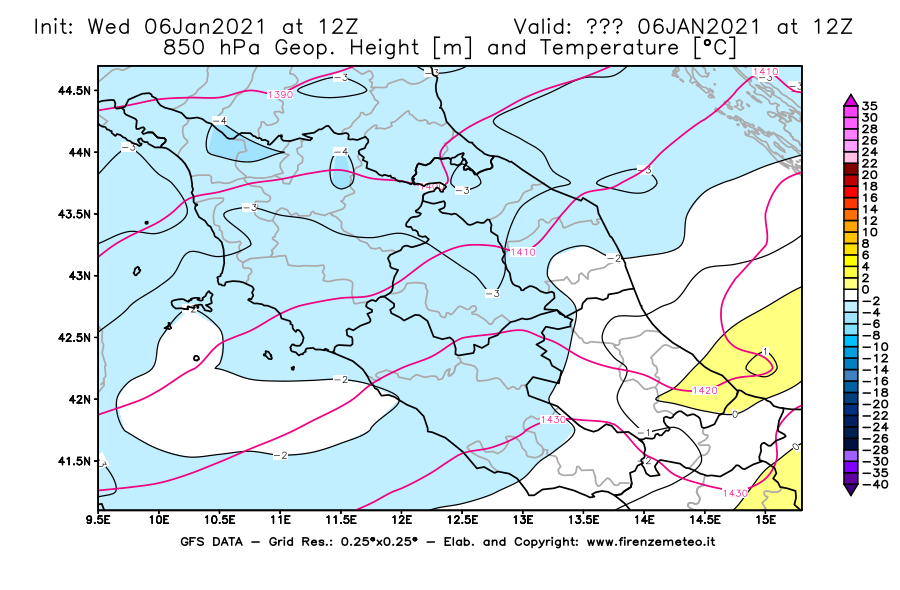 Mappa di analisi GFS - Geopotenziale [m] e Temperatura [°C] a 850 hPa in Centro-Italia
									del 06/01/2021 12 <!--googleoff: index-->UTC<!--googleon: index-->