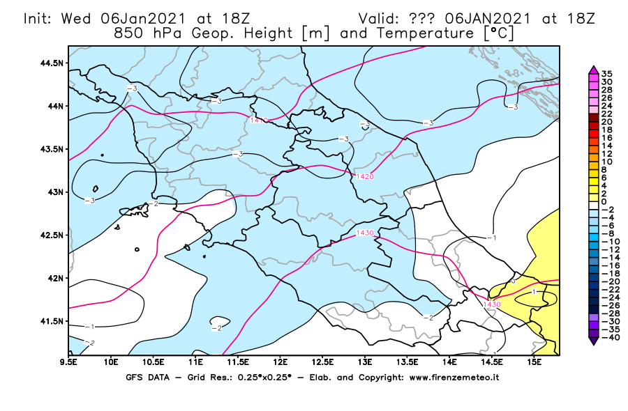Mappa di analisi GFS - Geopotenziale [m] e Temperatura [°C] a 850 hPa in Centro-Italia
									del 06/01/2021 18 <!--googleoff: index-->UTC<!--googleon: index-->