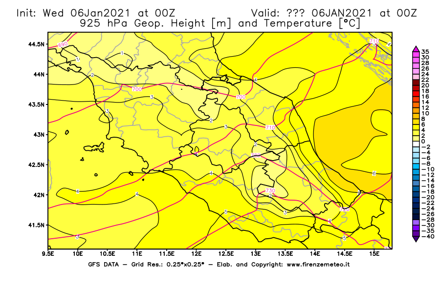 Mappa di analisi GFS - Geopotenziale [m] e Temperatura [°C] a 925 hPa in Centro-Italia
									del 06/01/2021 00 <!--googleoff: index-->UTC<!--googleon: index-->