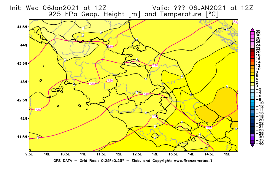 Mappa di analisi GFS - Geopotenziale [m] e Temperatura [°C] a 925 hPa in Centro-Italia
									del 06/01/2021 12 <!--googleoff: index-->UTC<!--googleon: index-->