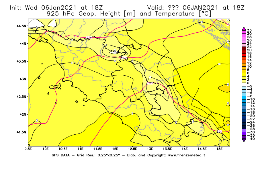 Mappa di analisi GFS - Geopotenziale [m] e Temperatura [°C] a 925 hPa in Centro-Italia
							del 06/01/2021 18 <!--googleoff: index-->UTC<!--googleon: index-->