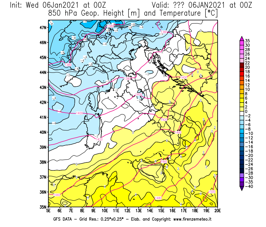 Mappa di analisi GFS - Geopotenziale [m] e Temperatura [°C] a 850 hPa in Italia
							del 06/01/2021 00 <!--googleoff: index-->UTC<!--googleon: index-->
