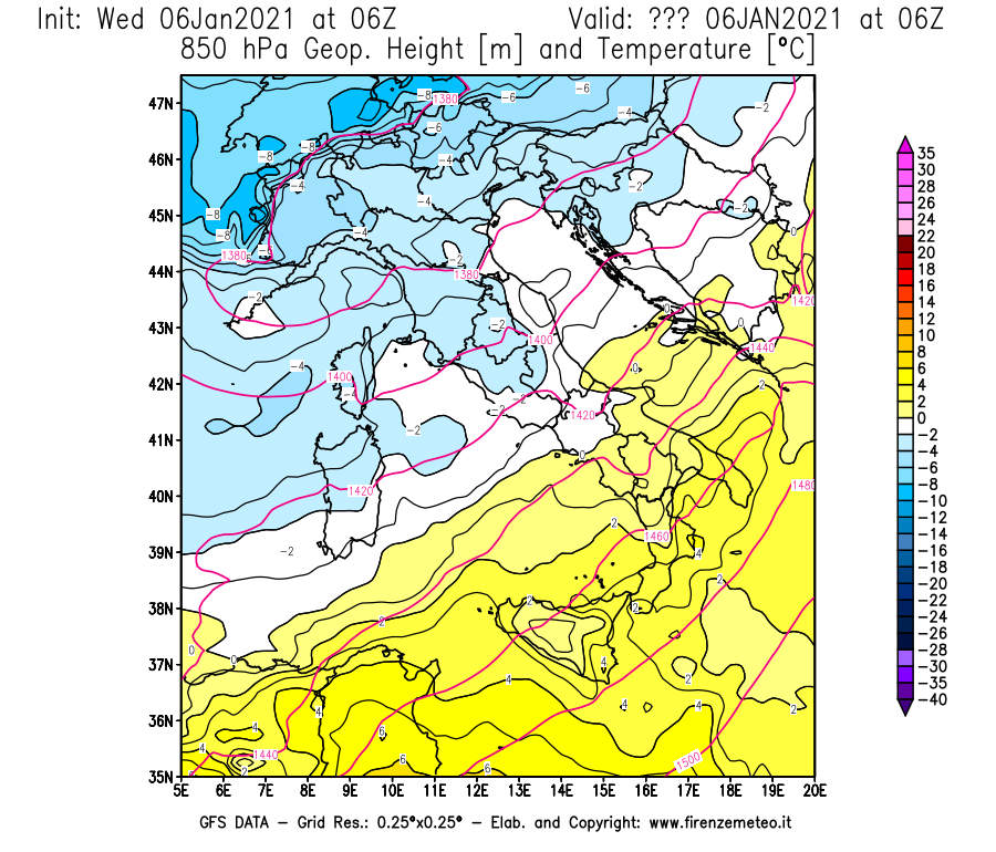 Mappa di analisi GFS - Geopotenziale [m] e Temperatura [°C] a 850 hPa in Italia
									del 06/01/2021 06 <!--googleoff: index-->UTC<!--googleon: index-->