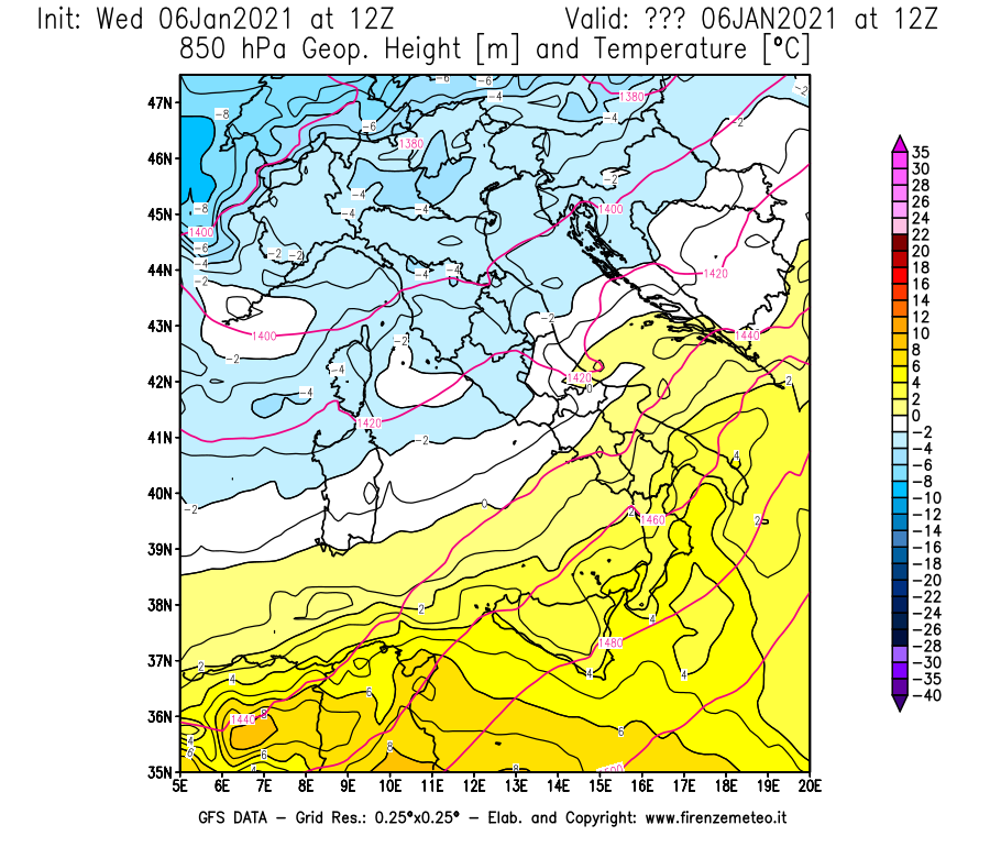 Mappa di analisi GFS - Geopotenziale [m] e Temperatura [°C] a 850 hPa in Italia
									del 06/01/2021 12 <!--googleoff: index-->UTC<!--googleon: index-->