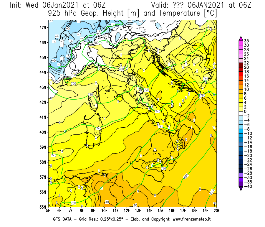 Mappa di analisi GFS - Geopotenziale [m] e Temperatura [°C] a 925 hPa in Italia
									del 06/01/2021 06 <!--googleoff: index-->UTC<!--googleon: index-->