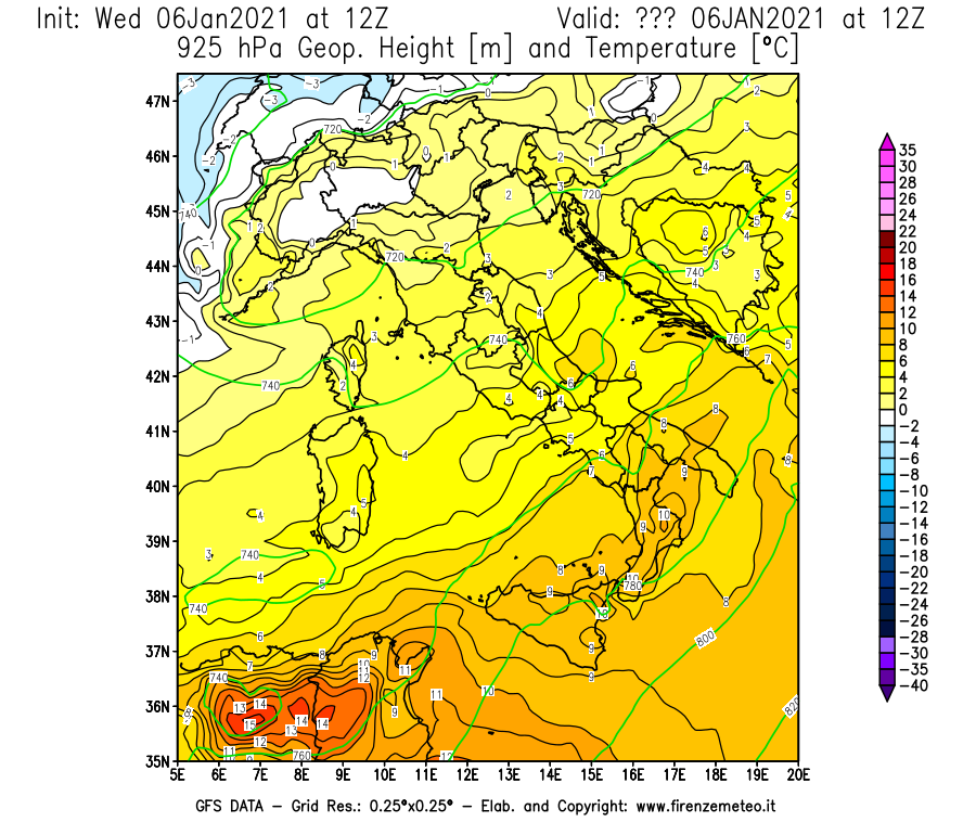 Mappa di analisi GFS - Geopotenziale [m] e Temperatura [°C] a 925 hPa in Italia
							del 06/01/2021 12 <!--googleoff: index-->UTC<!--googleon: index-->
