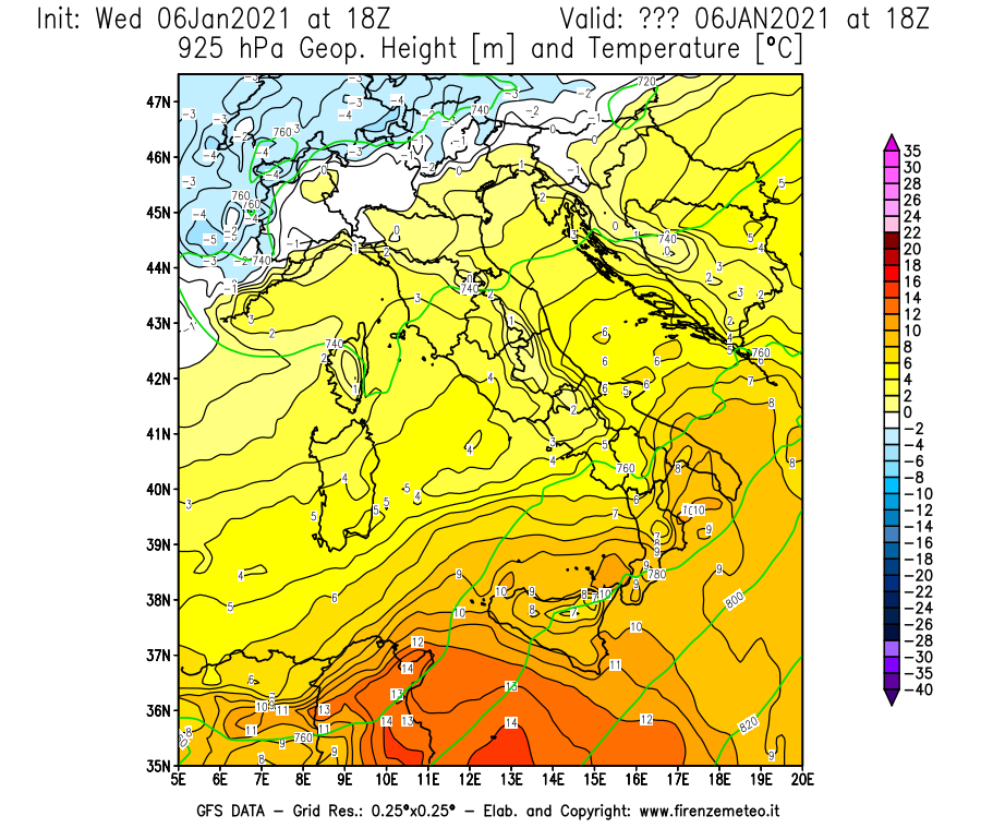 Mappa di analisi GFS - Geopotenziale [m] e Temperatura [°C] a 925 hPa in Italia
							del 06/01/2021 18 <!--googleoff: index-->UTC<!--googleon: index-->