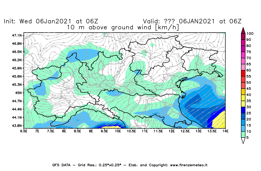 Mappa di analisi GFS - Velocità del vento a 10 metri dal suolo [km/h] in Nord-Italia
									del 06/01/2021 06 <!--googleoff: index-->UTC<!--googleon: index-->
