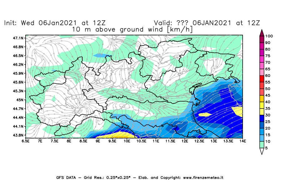 Mappa di analisi GFS - Velocità del vento a 10 metri dal suolo [km/h] in Nord-Italia
									del 06/01/2021 12 <!--googleoff: index-->UTC<!--googleon: index-->