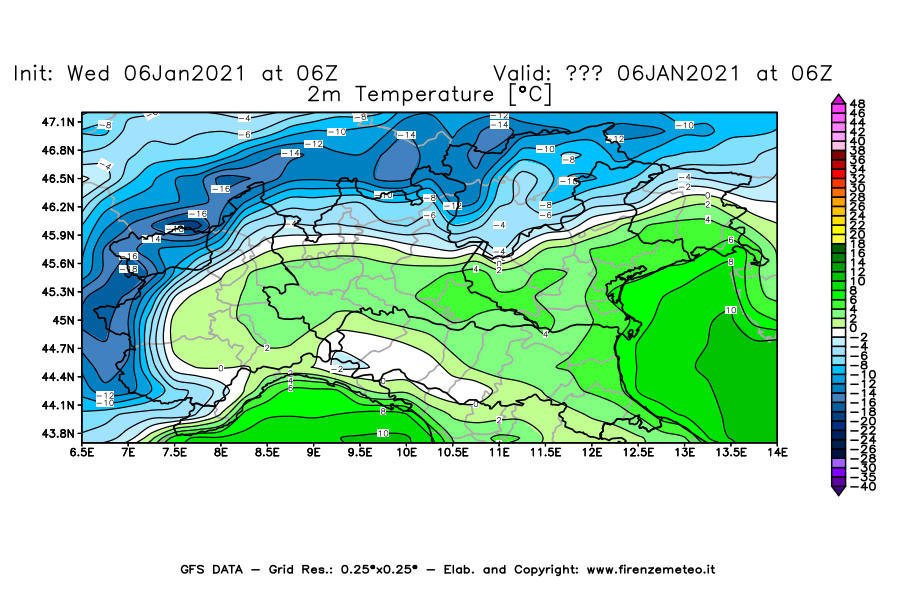 Mappa di analisi GFS - Temperatura a 2 metri dal suolo [°C] in Nord-Italia
									del 06/01/2021 06 <!--googleoff: index-->UTC<!--googleon: index-->