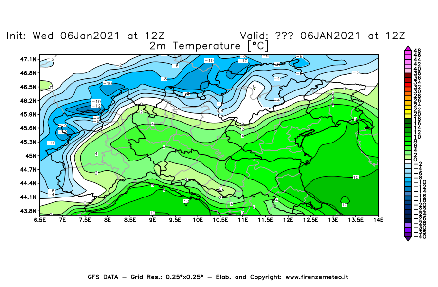Mappa di analisi GFS - Temperatura a 2 metri dal suolo [°C] in Nord-Italia
									del 06/01/2021 12 <!--googleoff: index-->UTC<!--googleon: index-->