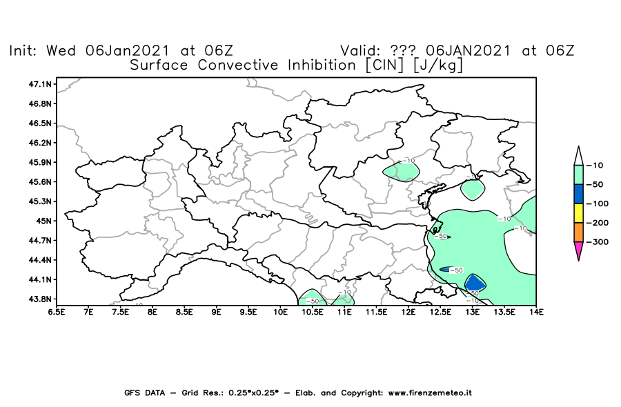 Mappa di analisi GFS - CIN [J/kg] in Nord-Italia
									del 06/01/2021 06 <!--googleoff: index-->UTC<!--googleon: index-->