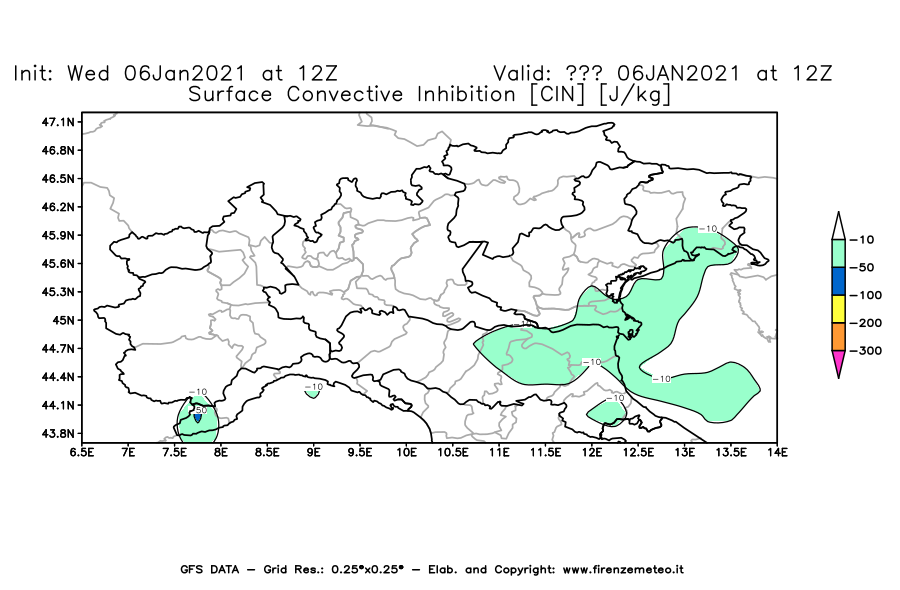 Mappa di analisi GFS - CIN [J/kg] in Nord-Italia
							del 06/01/2021 12 <!--googleoff: index-->UTC<!--googleon: index-->