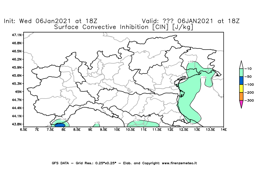 Mappa di analisi GFS - CIN [J/kg] in Nord-Italia
							del 06/01/2021 18 <!--googleoff: index-->UTC<!--googleon: index-->