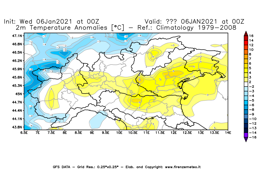 Mappa di analisi GFS - Anomalia Temperatura [°C] a 2 m in Nord-Italia
							del 06/01/2021 00 <!--googleoff: index-->UTC<!--googleon: index-->