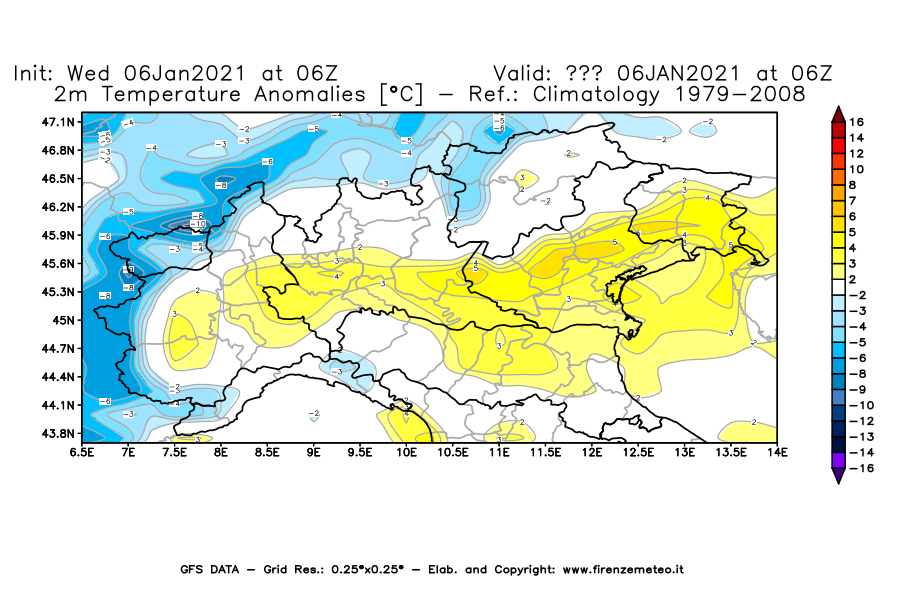 Mappa di analisi GFS - Anomalia Temperatura [°C] a 2 m in Nord-Italia
							del 06/01/2021 06 <!--googleoff: index-->UTC<!--googleon: index-->