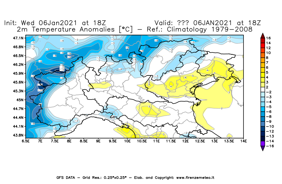 Mappa di analisi GFS - Anomalia Temperatura [°C] a 2 m in Nord-Italia
									del 06/01/2021 18 <!--googleoff: index-->UTC<!--googleon: index-->