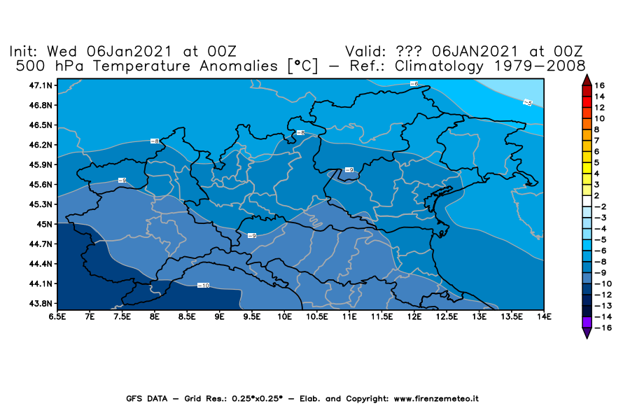 Mappa di analisi GFS - Anomalia Temperatura [°C] a 500 hPa in Nord-Italia
									del 06/01/2021 00 <!--googleoff: index-->UTC<!--googleon: index-->