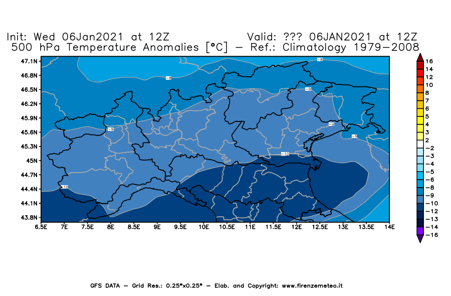 Mappa di analisi GFS - Anomalia Temperatura [°C] a 500 hPa in Nord-Italia
									del 06/01/2021 12 <!--googleoff: index-->UTC<!--googleon: index-->