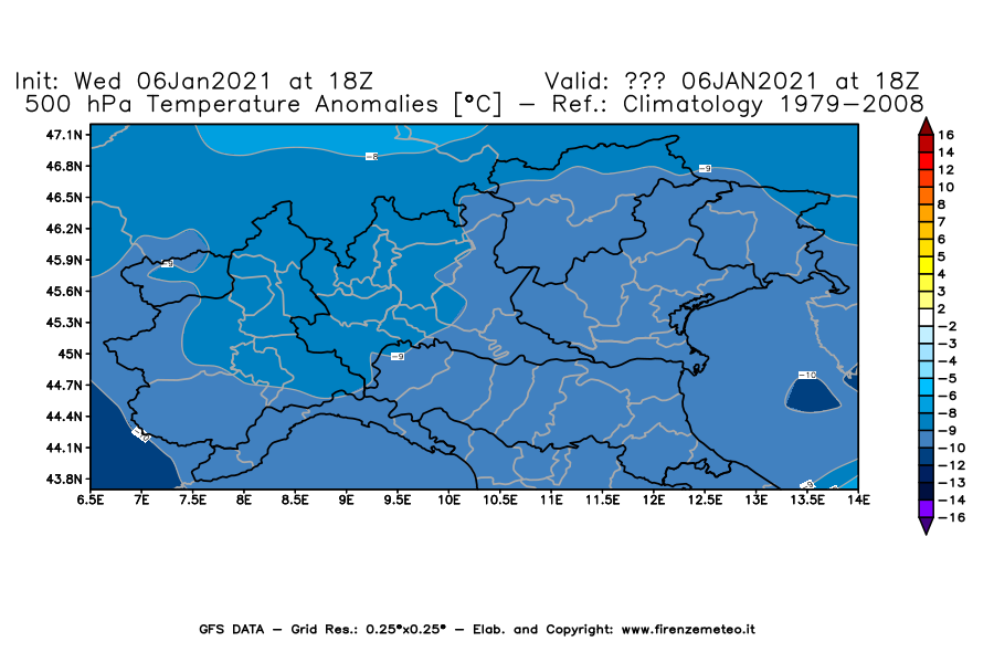 Mappa di analisi GFS - Anomalia Temperatura [°C] a 500 hPa in Nord-Italia
									del 06/01/2021 18 <!--googleoff: index-->UTC<!--googleon: index-->
