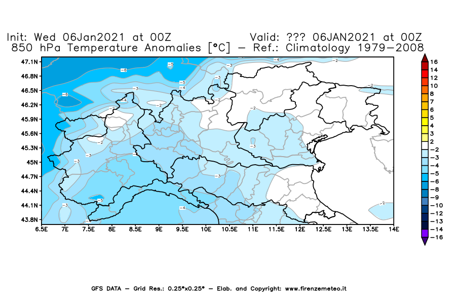 Mappa di analisi GFS - Anomalia Temperatura [°C] a 850 hPa in Nord-Italia
							del 06/01/2021 00 <!--googleoff: index-->UTC<!--googleon: index-->